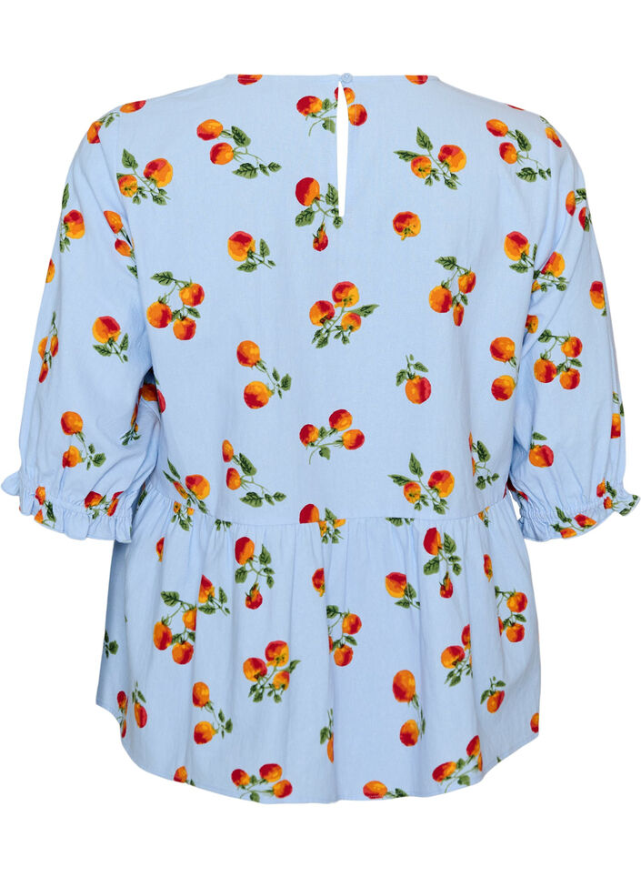 Bomuldsbluse med tomatprint og peplum, Bl&aring;, Packshot image number 1