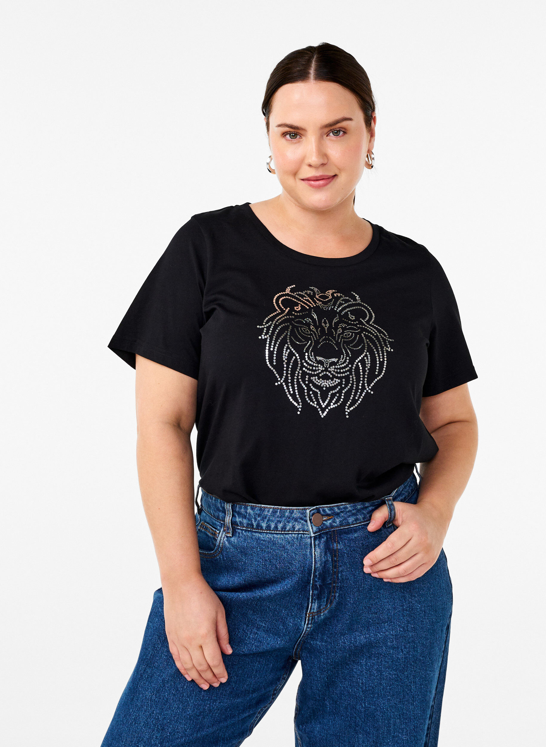 Zizzi Bomulds t-shirt med print, Black w. Silverlion, Model image number 0