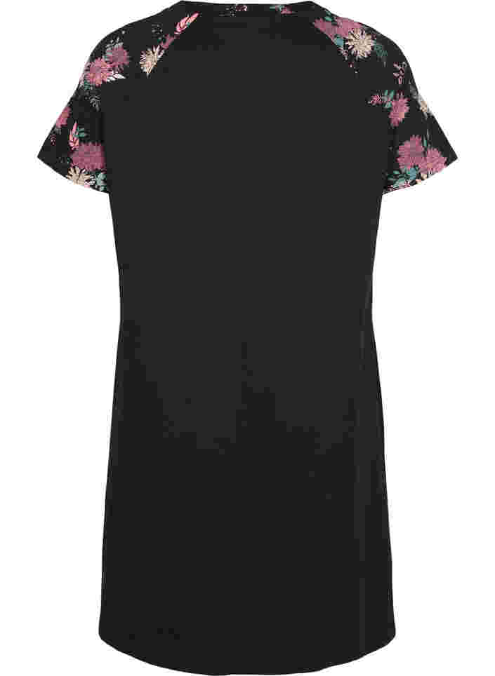 Kortærmet bomulds natkjole med printdetaljer, Black AOP Flower, Packshot image number 1