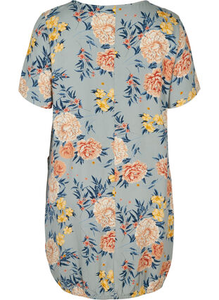 Kortærmet viskose kjole med print, Light Blue Flower, Packshot image number 1