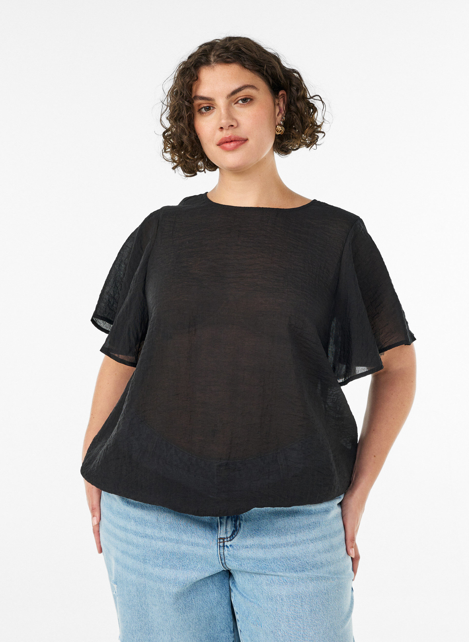 Bluse med ballonform og vinge&aelig;rmer, Sort, Model