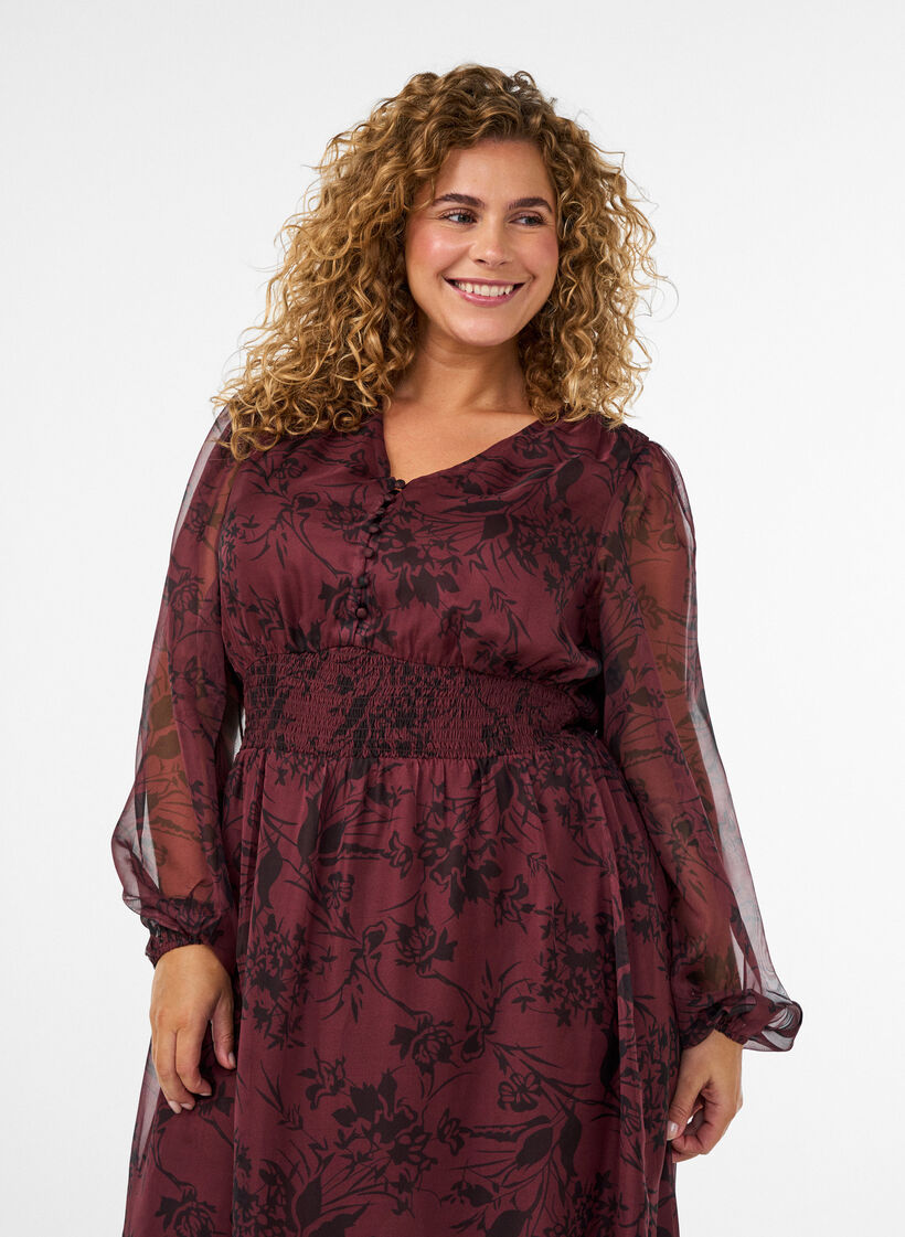 Maxikjole med blomsterprint og smock, M&oslash;rk Bordeaux, Model image number 2