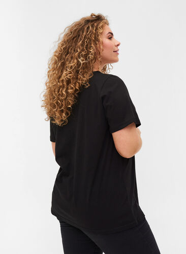 Bomulds t-shirt med v-hals og blonder, Black, Model image number 1