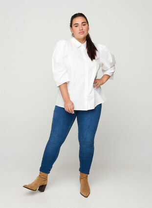 Bomulds skjorte med 3/4 pufærmer, Bright White, Model image number 2