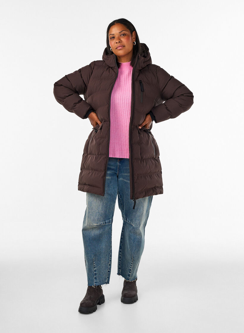 Pufferfrakke med h&aelig;tte og lommer, Brun, Model image number 1