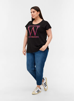 Økologisk bomulds t-shirt med farverigt tryk, Black W, Model image number 2