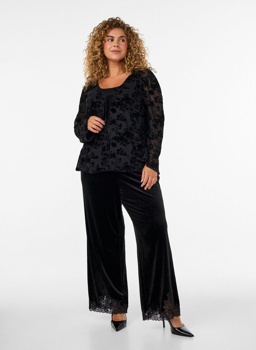 Velourbukser med blondekant og vide ben, Sort, Model image number 1