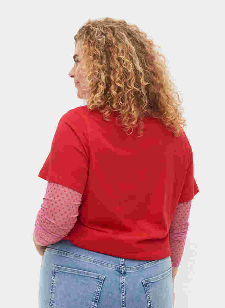 Kortærmet bomulds t-shirt med tekstprint, Chinese Red, Model image number 1