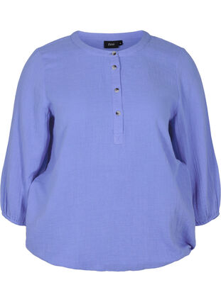 Bomulds bluse med knapper og 3/4 ærmer, Ultramarine, Packshot image number 0