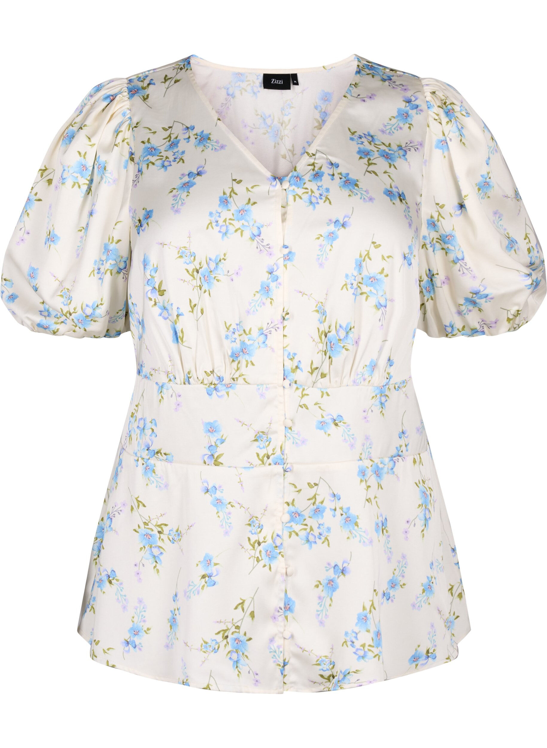 Zizzi Blomstret satinbluse med puf&aelig;rmer, Off White Blue Fl., Packshot image number 0