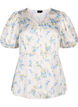 Blomstret satinbluse med pufærmer, Off White Blue Fl., Packshot image number 0