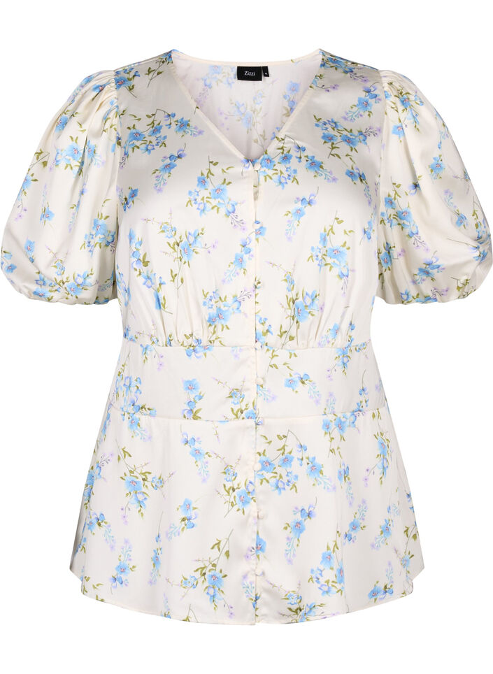 Blomstret satinbluse med pufærmer, Off White Blue Fl., Packshot image number 0