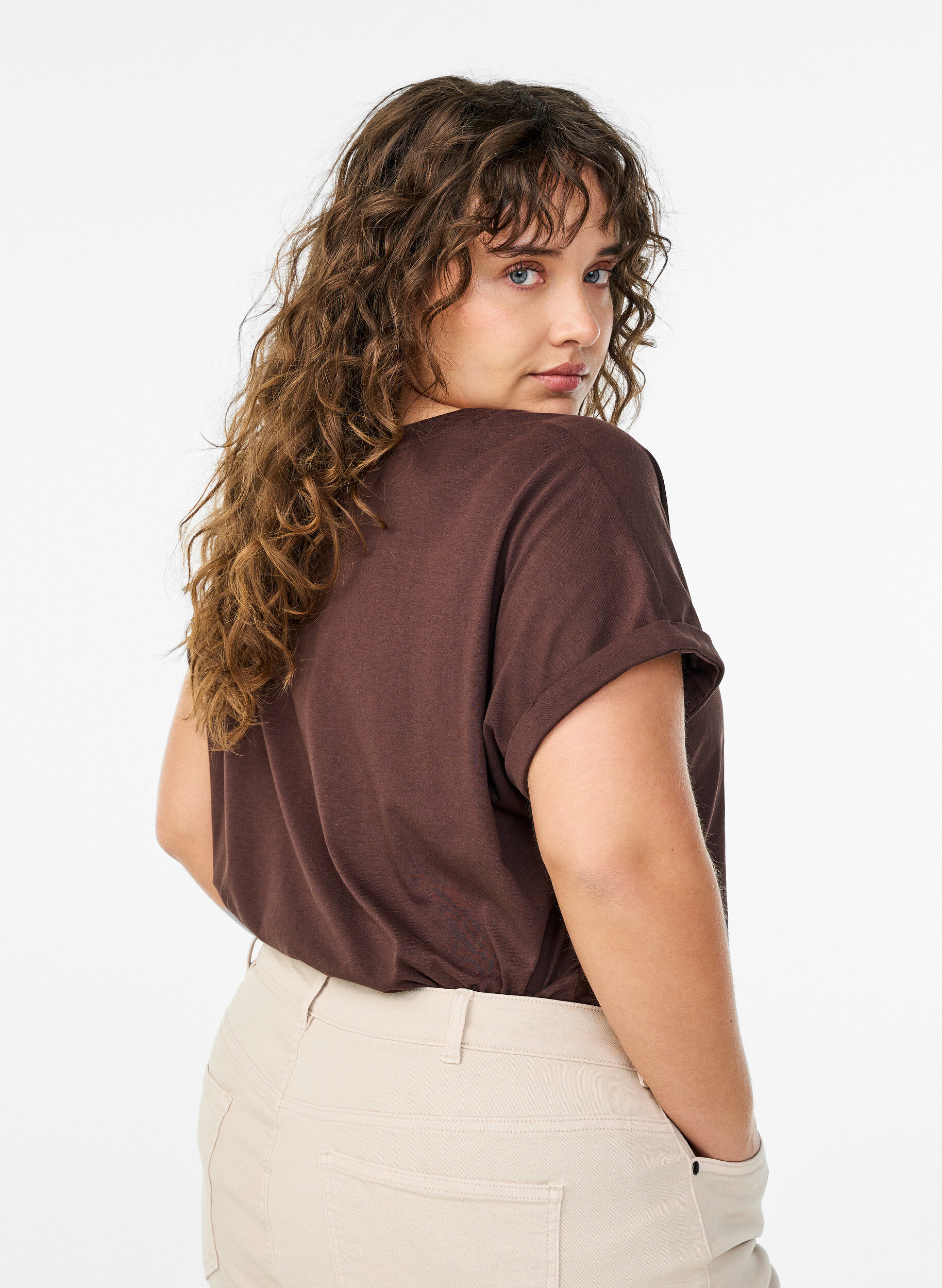 ZizziKort&aelig;rmet t-shirt i bomuldsblanding, Brun, Model image number 2