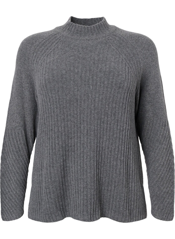 Turtleneck strikbluse med rib, Dark Grey Melange, Packshot image number 0