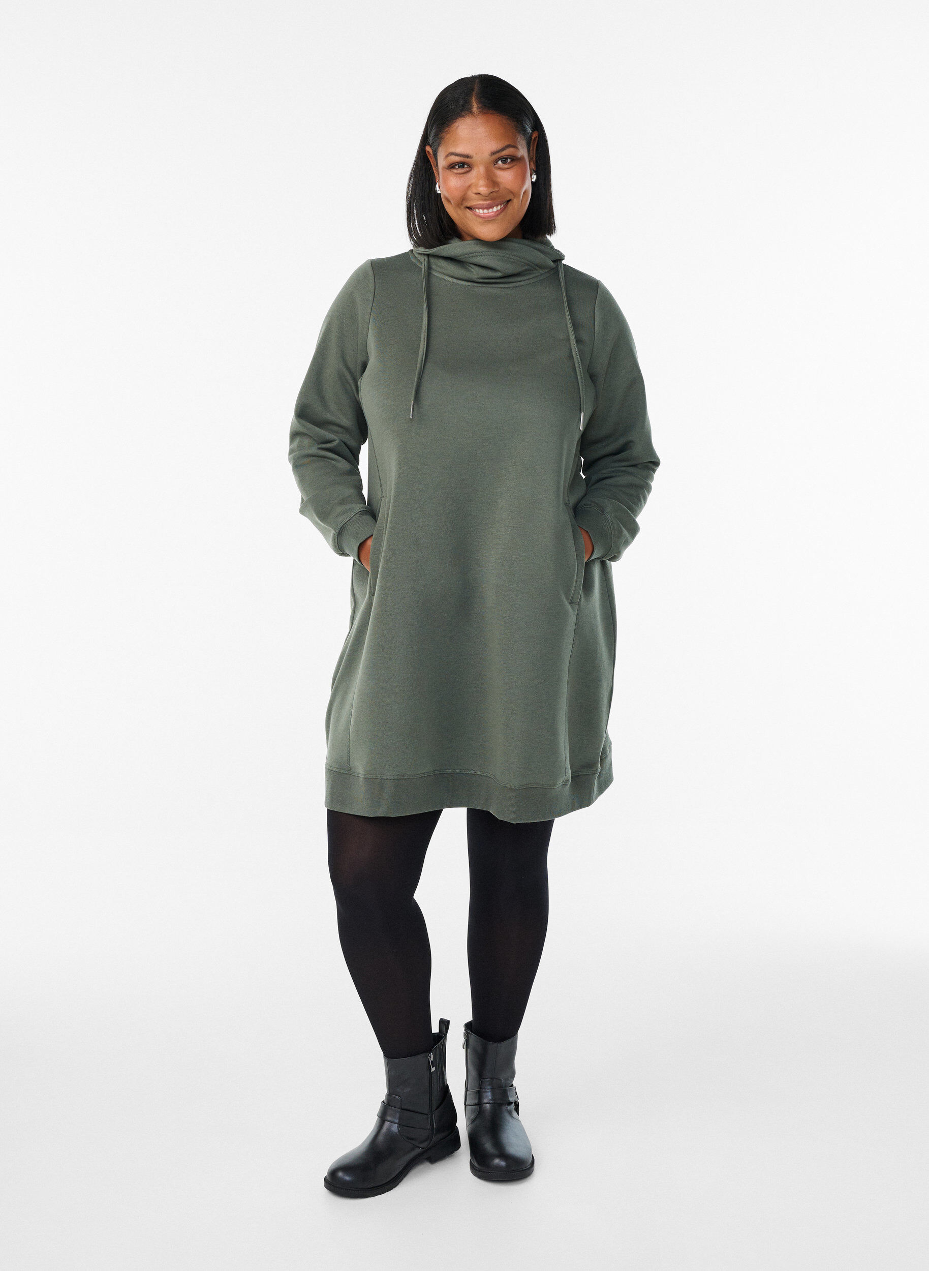 ZizziKort sweatkjole med h&oslash;j krave og lommer, Gr&oslash;n, Model image number 1