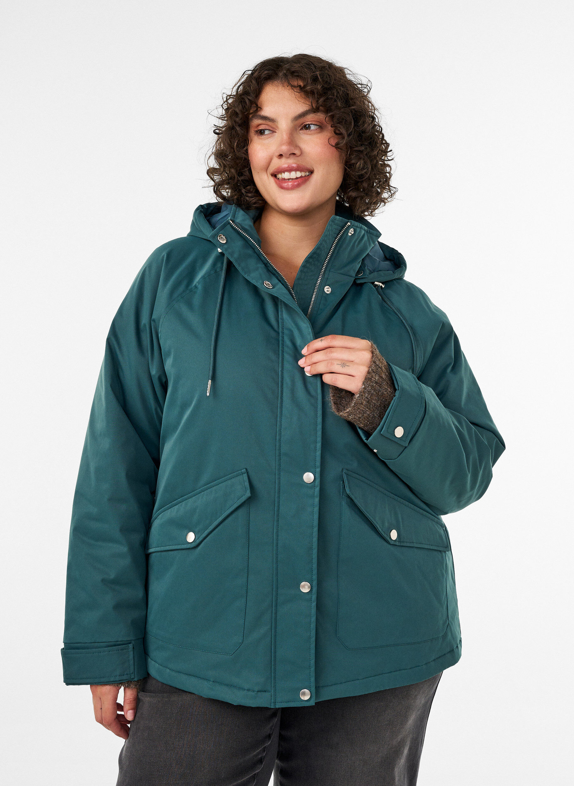 ZizziVatteret parka med aftagelig h&aelig;tte, Gr&oslash;n, Model image number 0