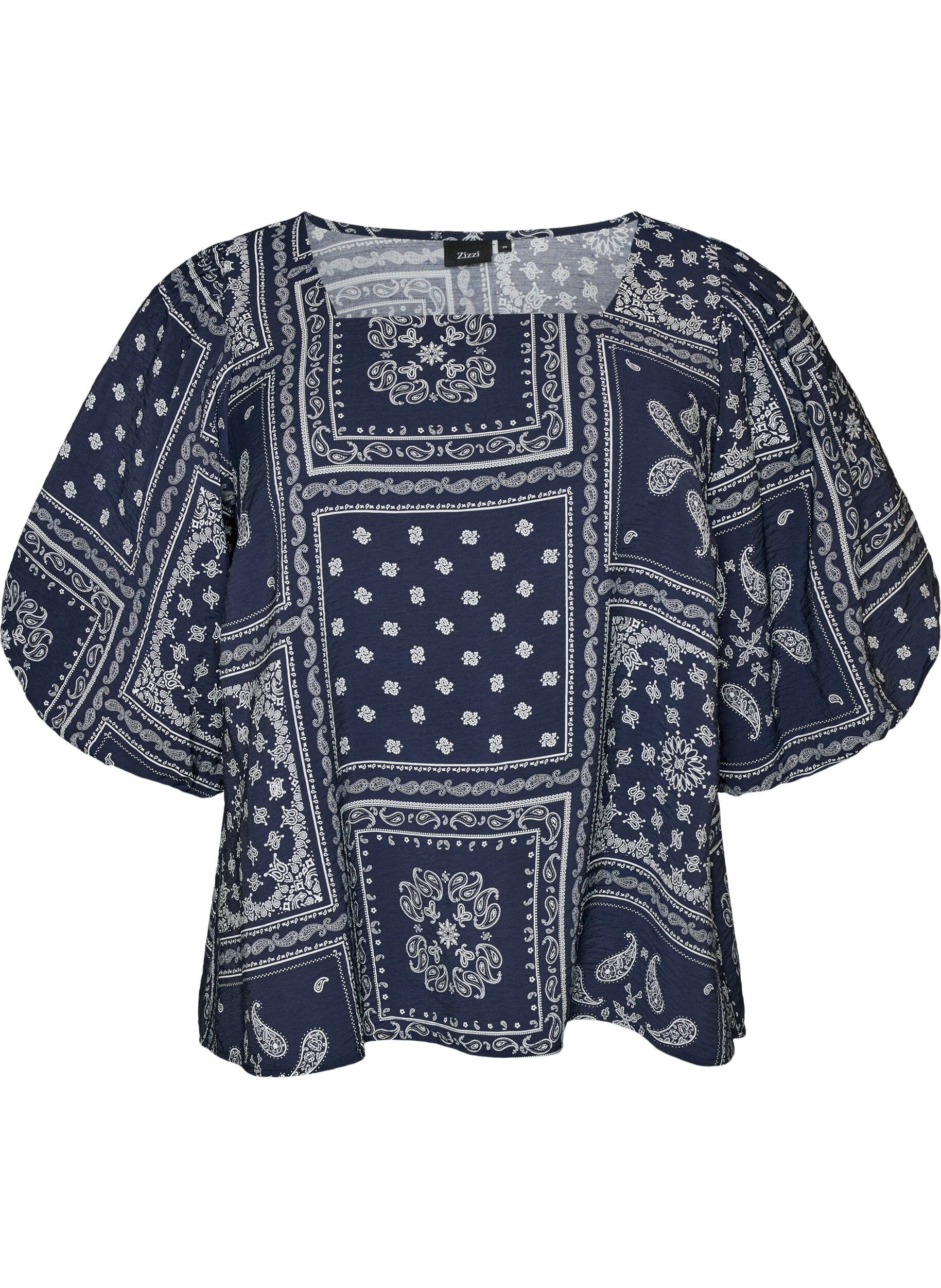 ZizziBluse i viskose med paisleyprint og ballon&aelig;rmer, Bl&aring;, Packshot image number 0