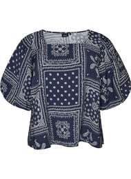 Bluse i viskose med paisleyprint og ballon&aelig;rmer, Bl&aring;