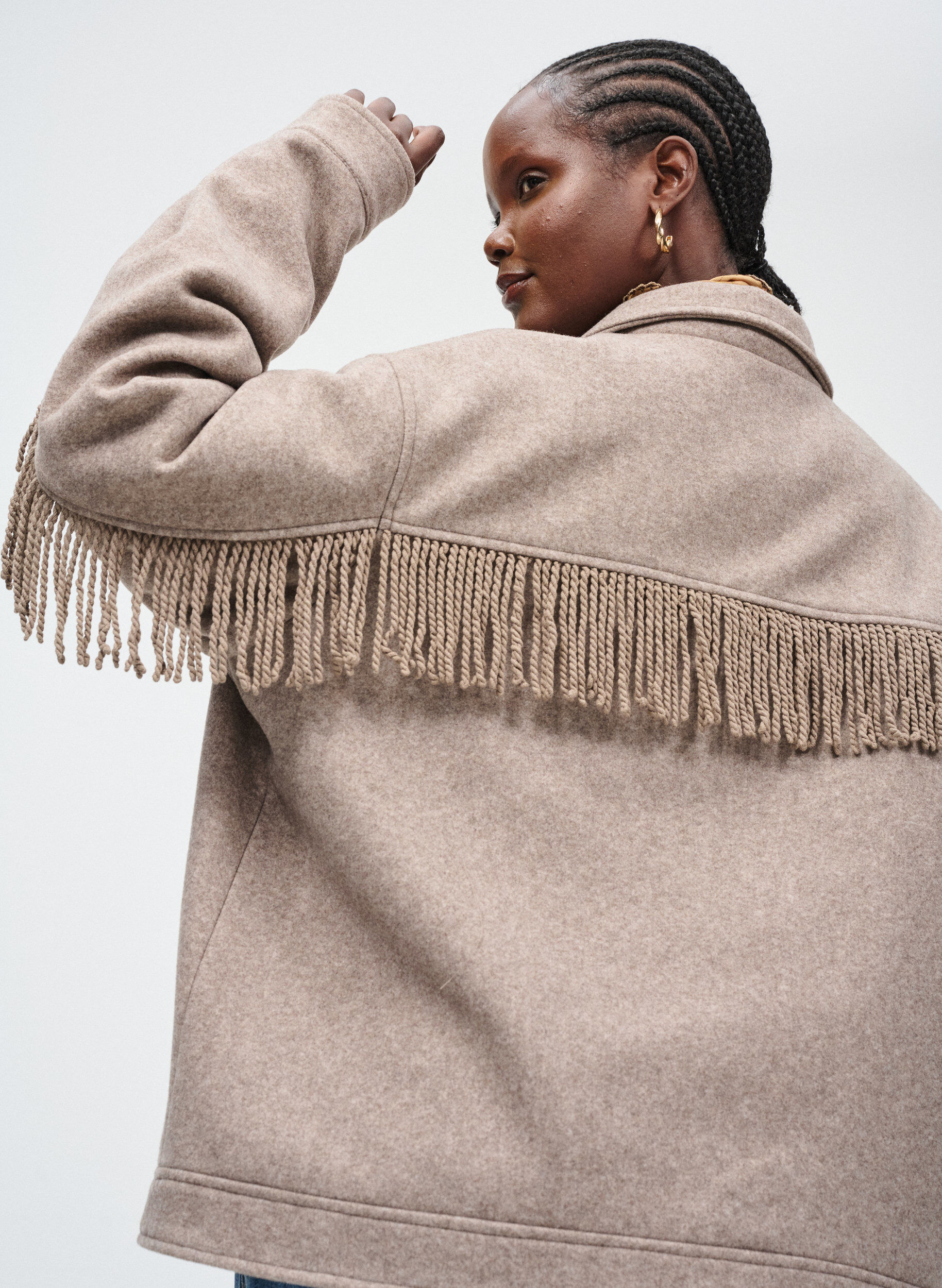 Zizzi Kort skjortejakke med frynser, Beige, Image image number 0