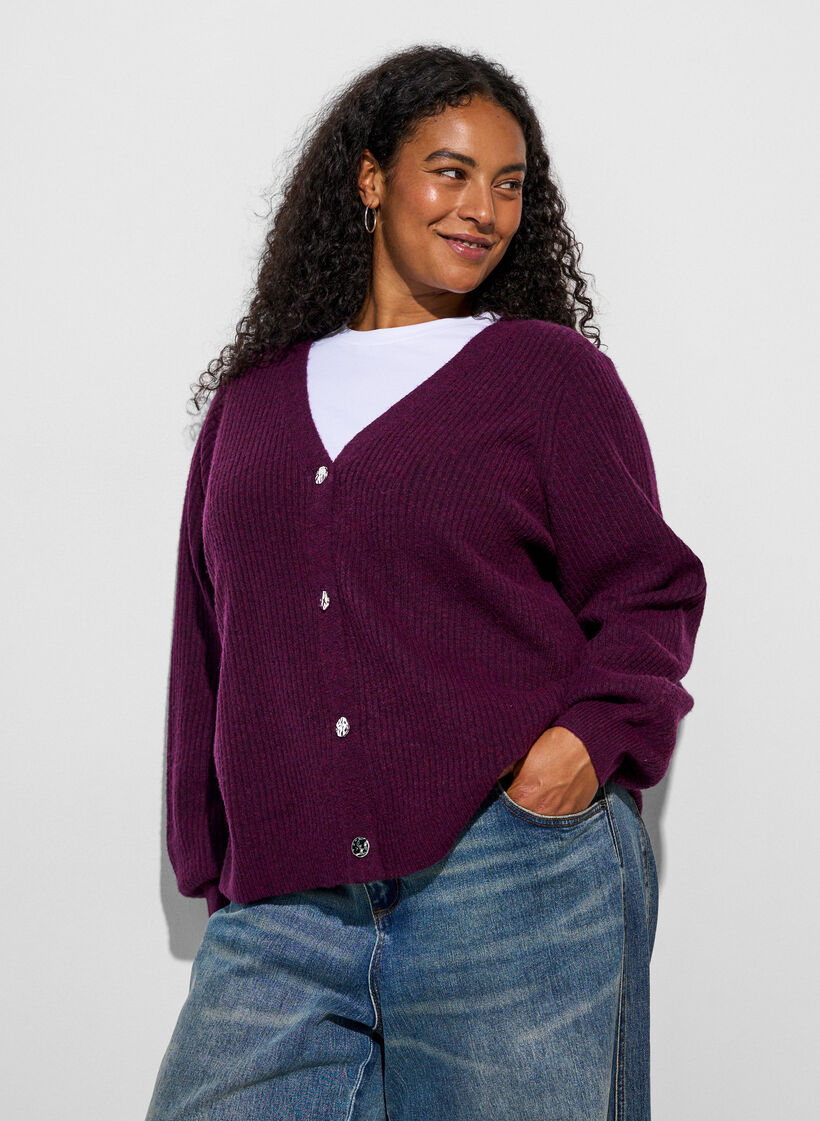 Cardigan med V-hals og ribstruktur, Lilla, Model image number 3