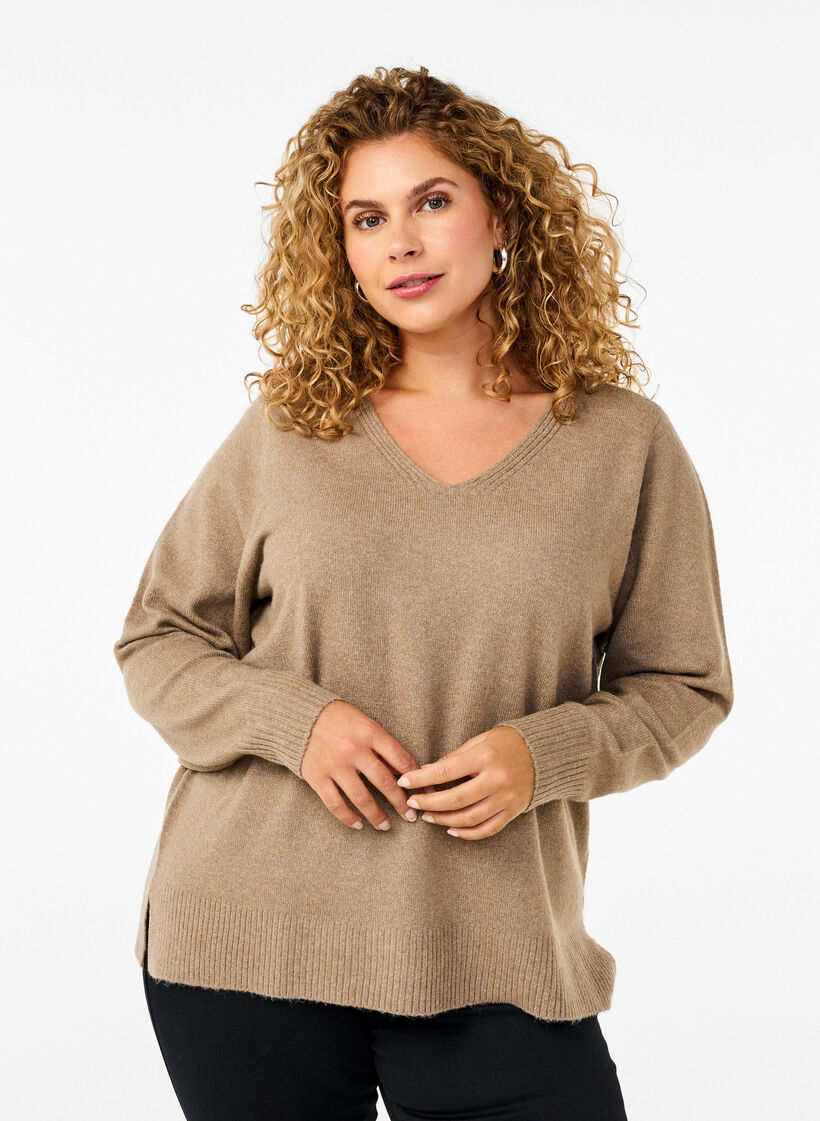 Strikbluse med v-hals, Desert Taupe Melange, Model image number 0