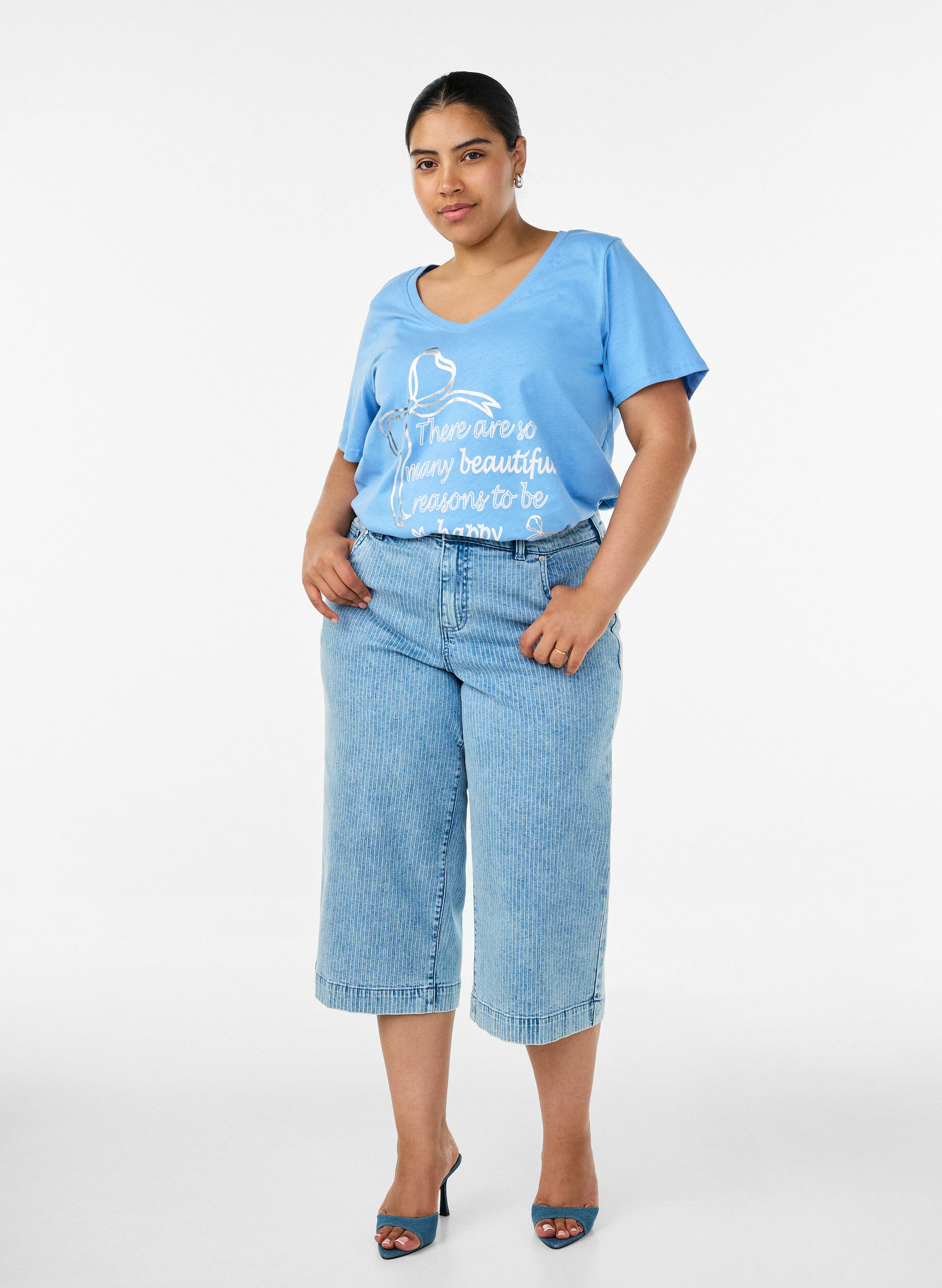 ZizziT-shirt i bomuld med V-udsk&aelig;ring og frontprint, Bl&aring;, Model image number 1