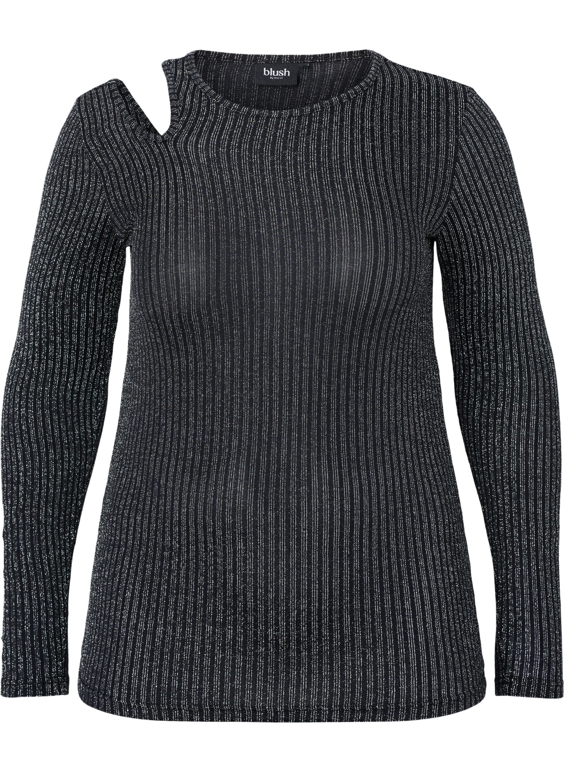 Zizzi Lang&aelig;rmet cut-out bluse med glitter, B. w. Silver Stripes, Packshot image number 0