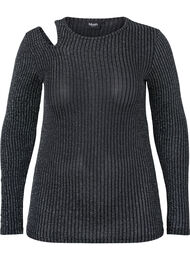 Langærmet cut-out bluse med glitter, B. w. Silver Stripes