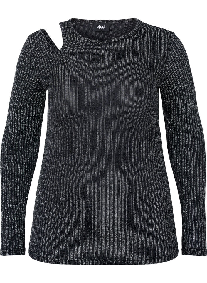 Langærmet cut-out bluse med glitter, B. w. Silver Stripes, Packshot image number 0
