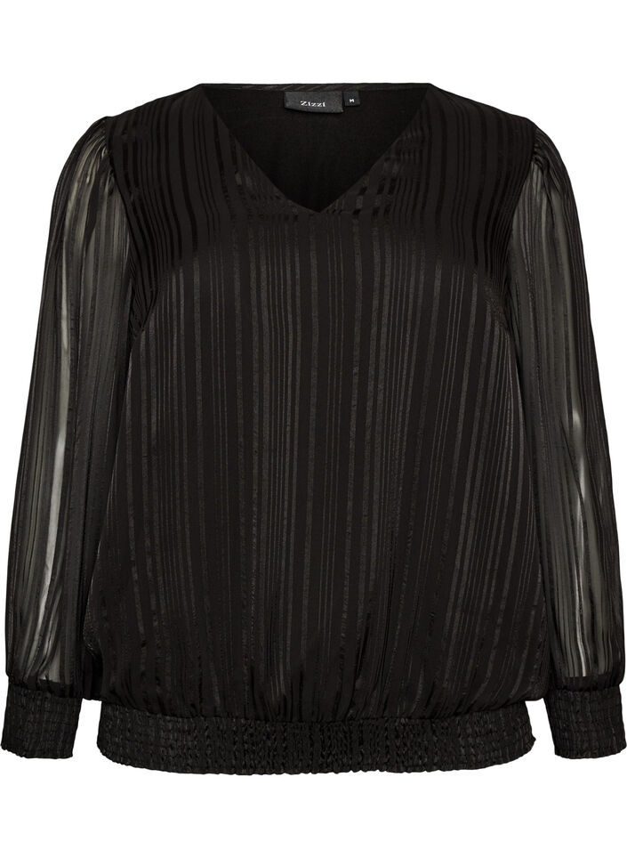 Bluse med stribem&oslash;nster og ballonform, Sort, Packshot image number 0