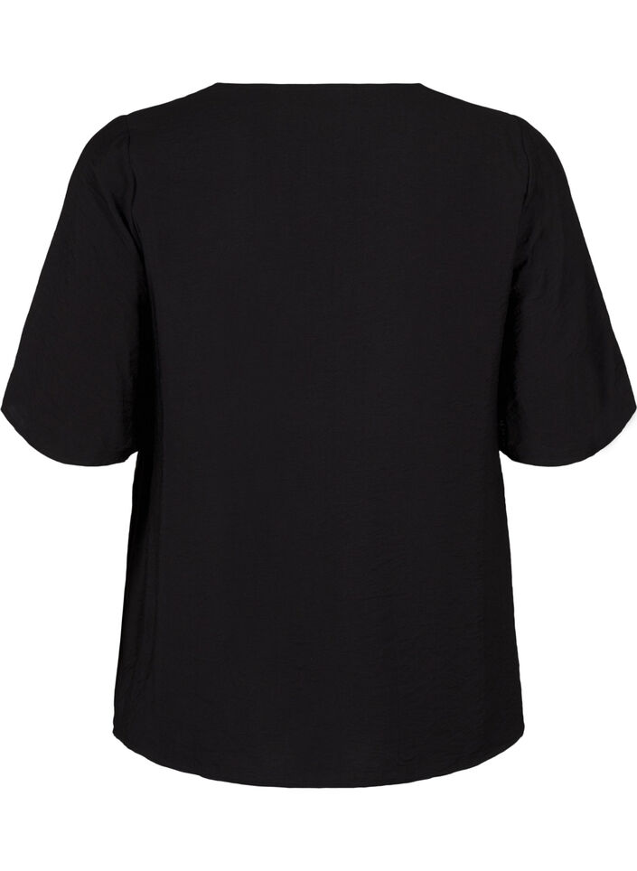 Viskosebluse med v-hals og broderidetalje, Sort, Packshot image number 1