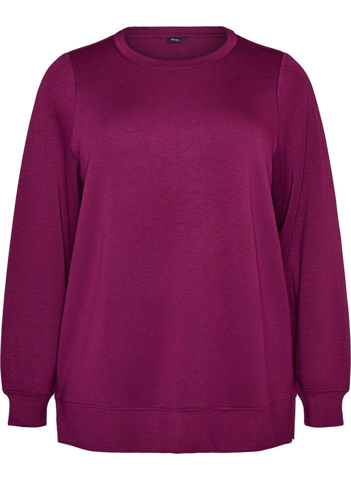 Lang&aelig;rmet jerseybluse med rund hals, Lilla, Packshot image number 0