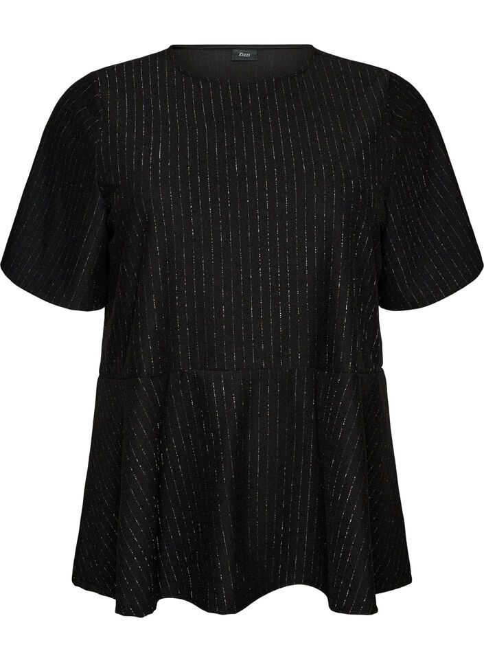 Peplumbluse med glimmerstriber, Sort, Packshot image number 0