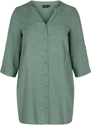 Lang skjorte med v-hals og brystlommer, Balsam Green, Packshot image number 0