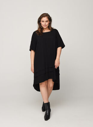 Viskose kjole med high-low effekt, Black, Model image number 0