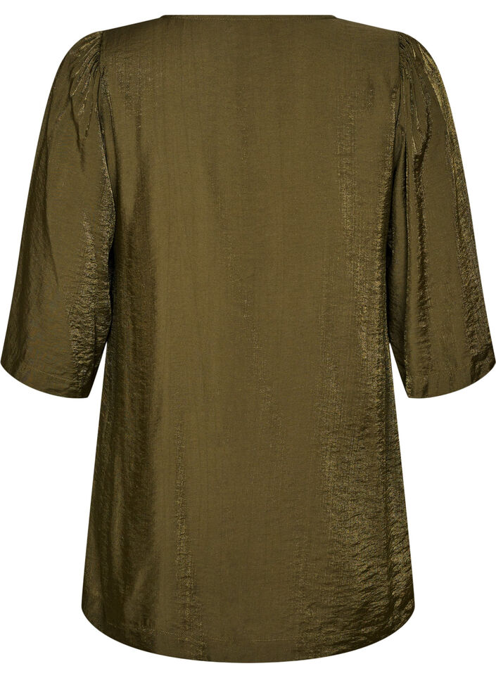 Glansfuld tunika med V-udsk&aelig;ring og 3/4-&aelig;rmer, Gr&oslash;n, Packshot image number 1