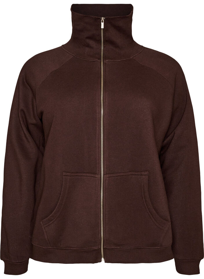 Sweatcardigan med h&oslash;j krave og lynl&aring;s, Brun, Packshot image number 0