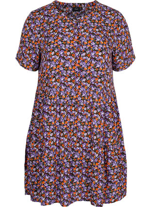 Kortærmet viskose kjole med a-form, Purple Ditsy Flower, Packshot image number 0