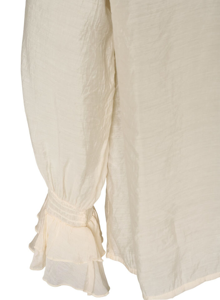 Bluse i viskose med fl&aelig;ser og lange &aelig;rmer, Vanilla, Packshot image number 3