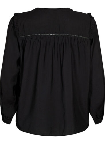 Skjortebluse med flæser og læg, Black, Packshot image number 1