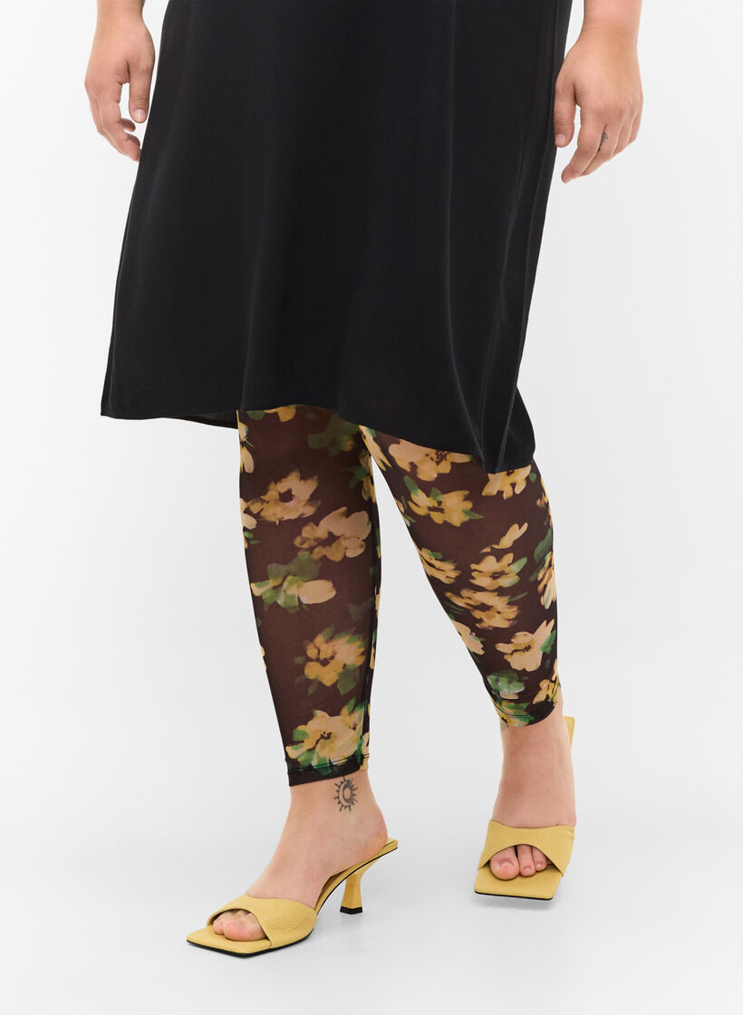 Mesh leggings med blomsterprint, Yellow Green AOP, Model image number 2