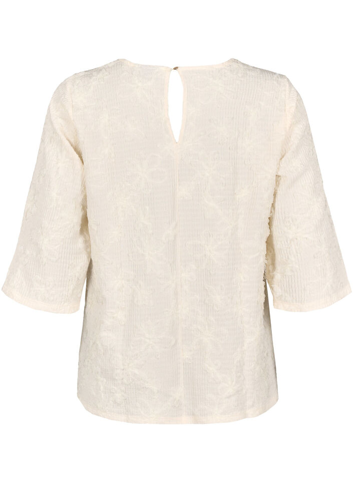 Bluse med 3/4 ærmer og 3D blomster, Warm Off-white, Packshot image number 1