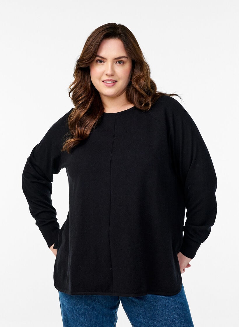 Strikbluse med rund hals og strikket m&oslash;nster, Sort, Model image number 0