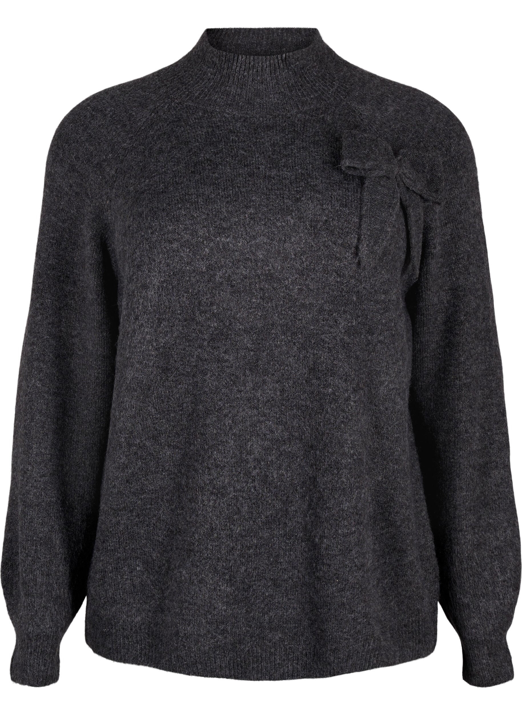 Zizzi Strikbluse med sl&oslash;jfe detalje, Dark Grey White Mel., Packshot image number 0