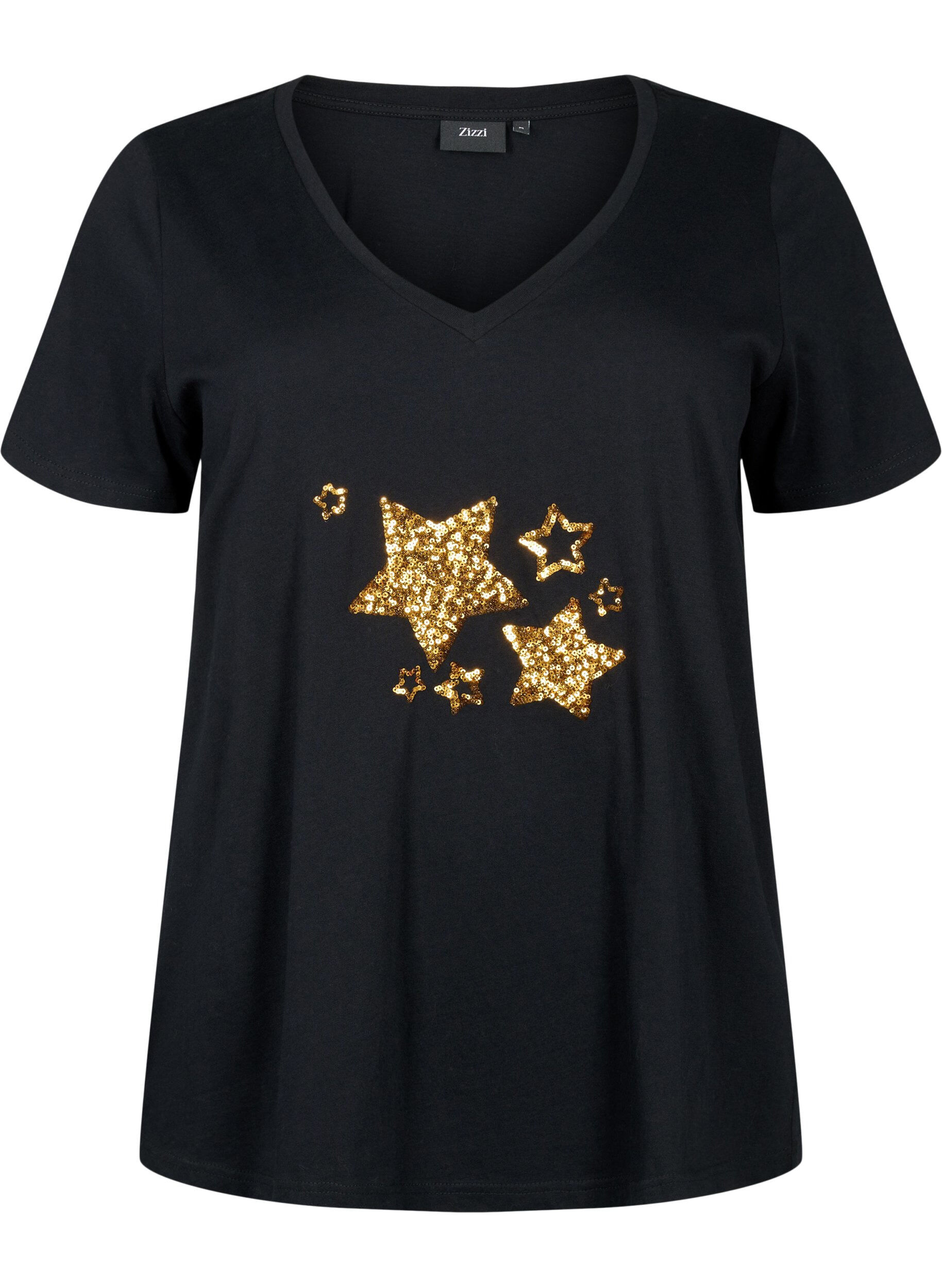 Zizzi Bomulds t-shirt med pailletter, Black W. Star, Packshot image number 0