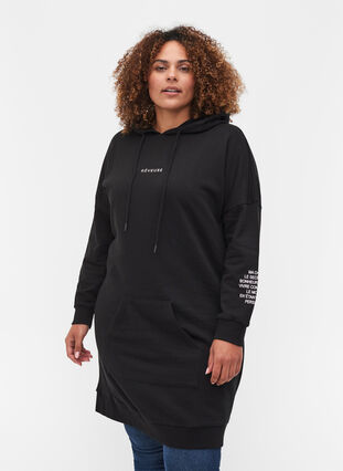 Bomulds sweatkjole med hætte og tekstprint, Black, Model image number 0