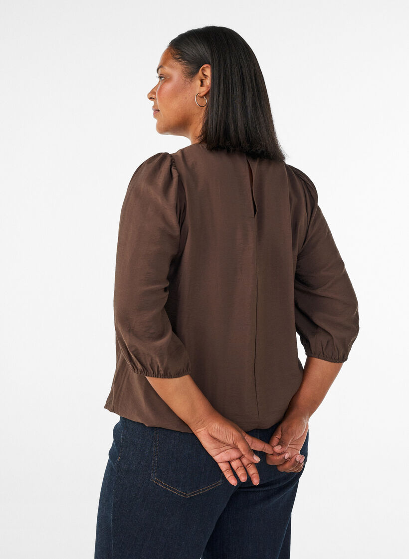 Bluse med 3/4 &aelig;rmer og blondedetalje, Brun, Model image number 2