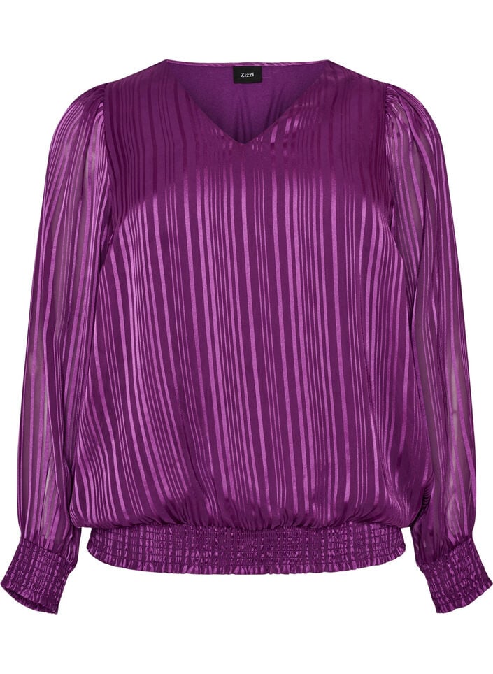 Bluse med stribem&oslash;nster og ballonform, Lilla, Packshot image number 0