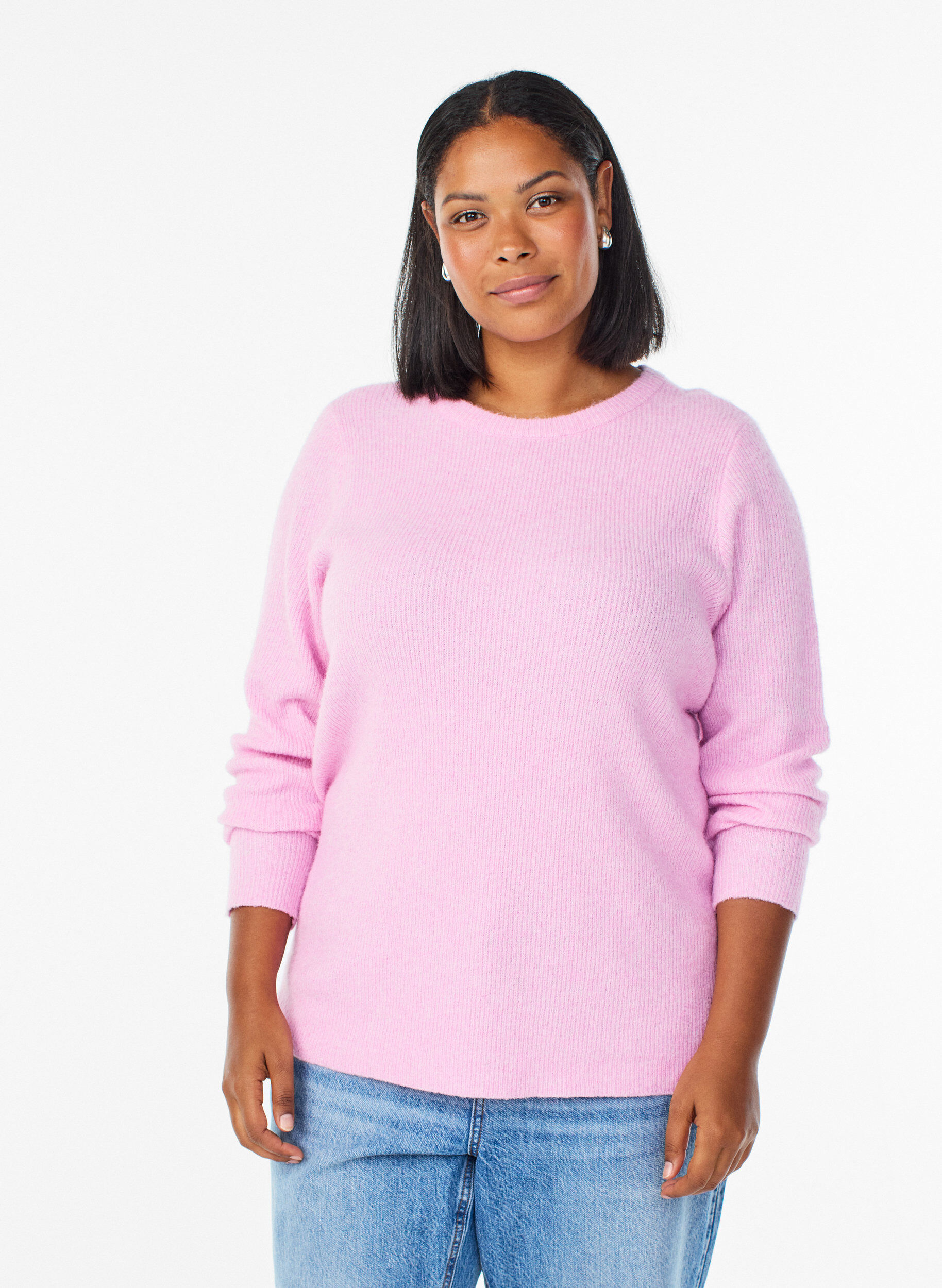 Meleret strikbluse med rund hals, Lyser&oslash;d, Model