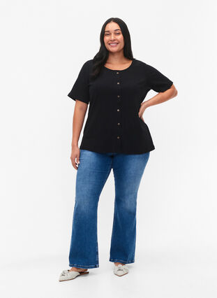 Kortærmet rib t-shirt med knapper, Black, Model image number 2